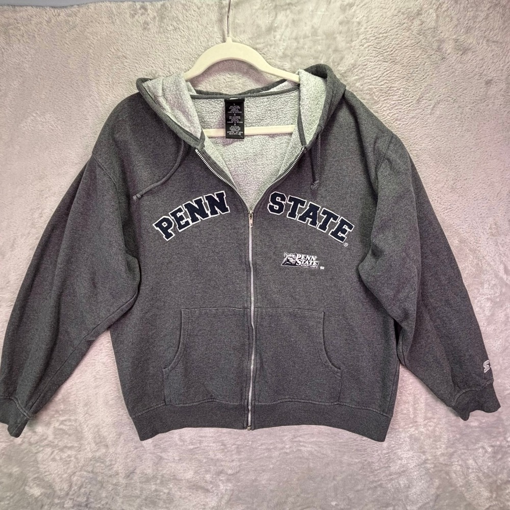 Vtg Starter Mens Hoodie Large Grey Penn State Nittany Lions Full Zip Sweatshirt